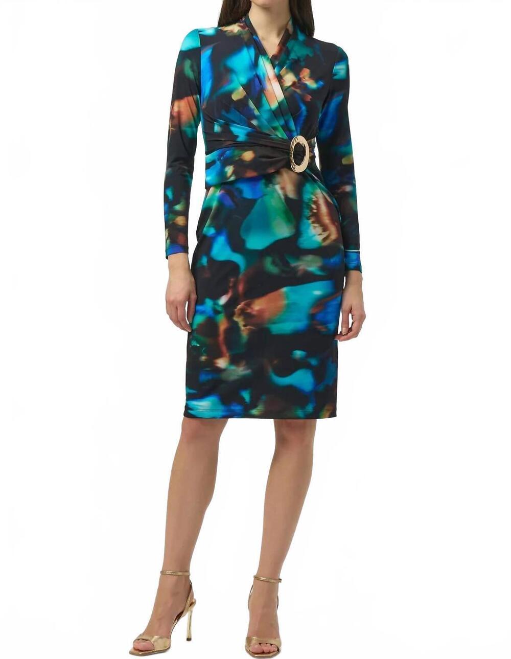 NEW JOSEPH RIBKOFF abstract print faux wrap long sleeves dress in black/multi